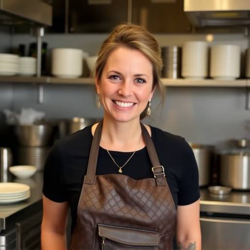 Sofia Martini, fondatrice del Ristorante Bella Italia, sorridente nella cucina del ristorante